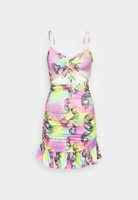 Vestido mini recortado com alças finas, apresentando um padrão de redemoinhos coloridos em tons de rosa, amarelo e verde. Textura franzida e bainha com babados.