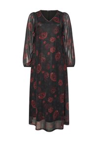 Vestido negro con flores de manga larga, con patrones de rosas rojas y púrpuras, escote en V y una silueta fluida. Textura de tela transparente.