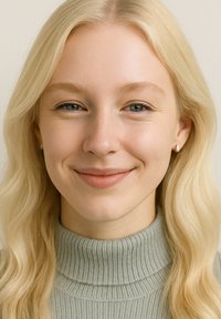 Donna bionda con capelli mossi, che indossa un maglione a collo alto a coste grigio chiaro e piccoli orecchini a bottone dorati, con uno sfondo neutro.