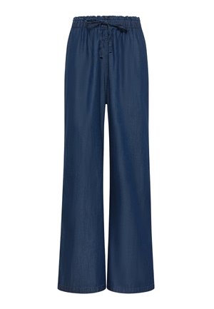Pantalon en denim bleu marine à coupe ample avec taille élastique et cordon de serrage à l'avant, jambes larges, sans poches visibles ni ornements.