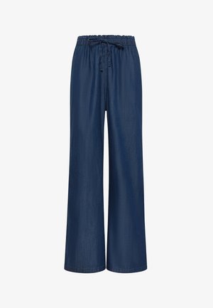 Loose-fit navy blue denim pants with elastic waistband and front drawstring, wide legs, and no visible pockets or embellishments.