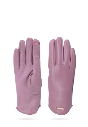 Guanti in pelle rosa con una texture morbida, caratterizzati da un accento floreale su un guanto e una finitura liscia sull'altro. Progettati per il calore.