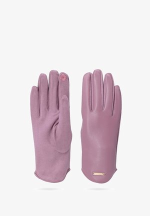 Guanti in pelle rosa con una texture morbida, caratterizzati da un accento floreale su un guanto e una finitura liscia sull'altro. Progettati per il calore.