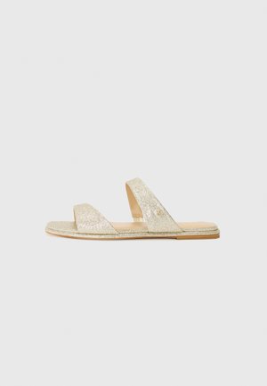 Gold glitter sandals with two wide straps on top, a flat sole, and minimalistic design. Smooth texture and subtle gold hardware detail.