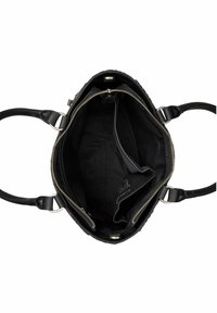 Bolso de mano de cuero negro con una cremallera abierta, mostrando un interior texturizado, compartimentos y dos asas resistentes.