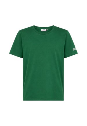 T-shirt in cotone verde scuro a maniche corte con scollo rotondo e piccolo logo bianco GCDS sulla manica sinistra.