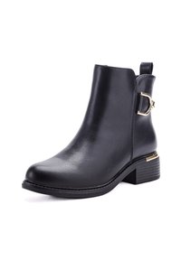 Bottine noire en cuir synthétique lisse. Dotée d'une boucle décorative dorée et d'un talon bloc texturé. Conception à bout rond.