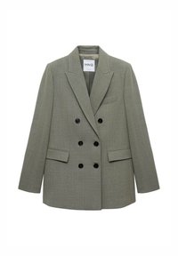 Blazer doppiopetto in oliva chiaro con finitura testurizzata, risvolti a lingua, due tasche frontali e bottoni neri. Etichetta visibile all'interno.