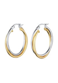 Sidabriniai ir auksiniai auskarai žiedai su sukimo dizainu. Jie turi poliruotą paviršių ir vyriuko užsegimą, išryškinantį kontrastingas metalines spalvas.