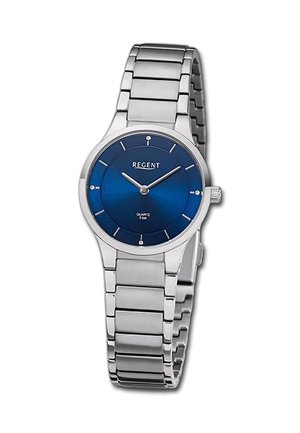 Zilveren roestvrijstalen horloge met een blauwe wijzerplaat, drie zilveren wijzers en een gladde bezel. Voorzien van een metalen schakelband. Kwartsmechanisme.