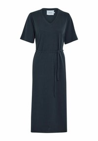Dark gray, knee-length dress made of soft fabric, featuring a V-neck, short sleeves, and a matching tie belt at the waist.