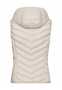 Hellbeige Steppweste mit einem Zickzack-Quiltmuster, hohem Kragen und glatter Textur, ausgestattet mit einer abgerundeten Kapuze und ohne sichtbare Verschlüsse.