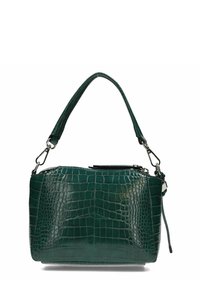 Bolso de mano verde oscuro con textura de cocodrilo, asa superior única, ganchos para correa desmontable y cierre con cremallera sobre fondo blanco.
