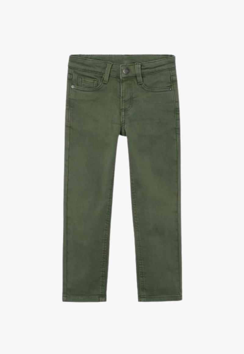 Jean en denim vert avec une coupe ajustée. Il comprend cinq poches, une fermeture à boutons à l'avant, et des coutures visibles le long des coutures.