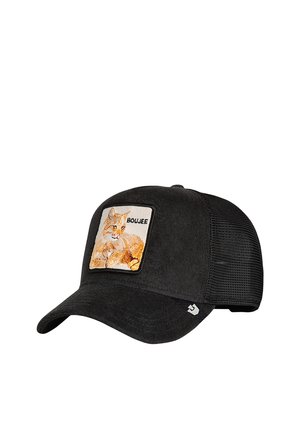 Mustaa verkkopintaa oleva baseball-lippis, jossa on kirjailtu merkki rentoutuvasta oranssista kissasta ja teksti "BOLJEE" etupaneelissa.