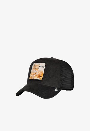 Mustaa verkkopintaa oleva baseball-lippis, jossa on kirjailtu merkki rentoutuvasta oranssista kissasta ja teksti "BOLJEE" etupaneelissa.