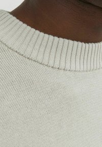 Light grey knit sweater with a ribbed crew neckline, featuring a smooth texture and a close-up view of the shoulder area.