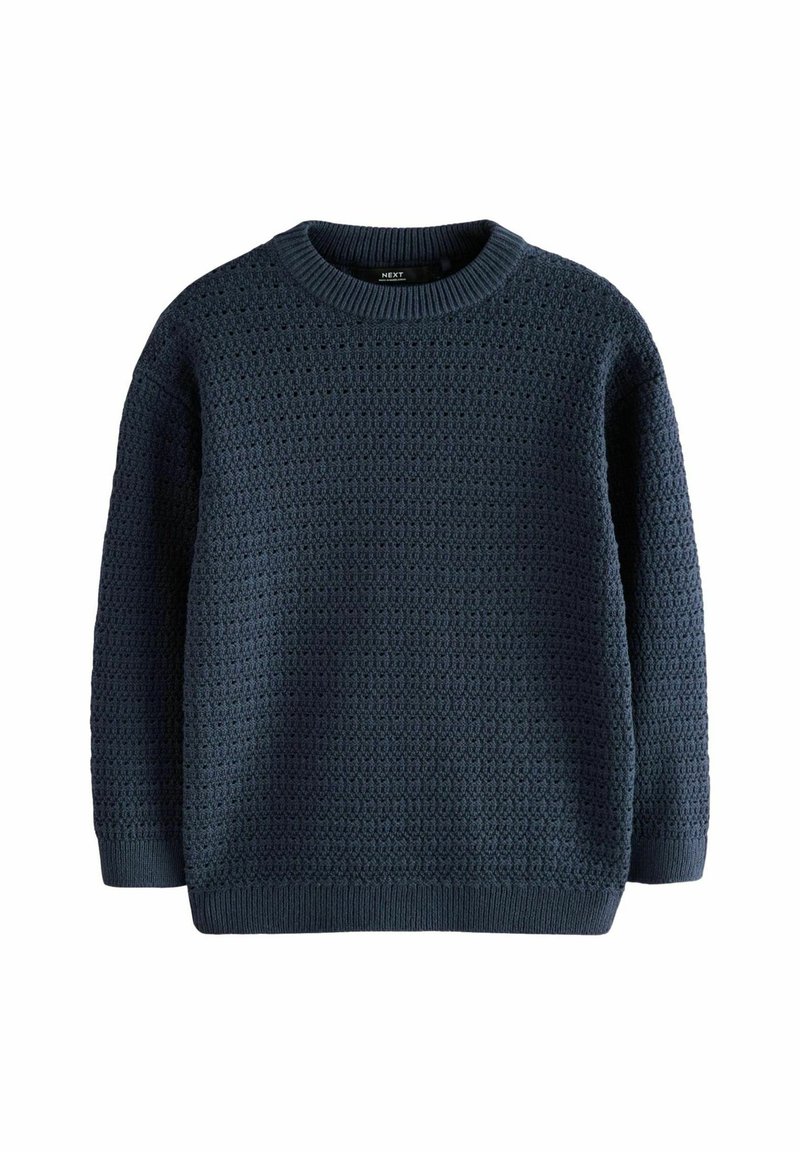 Pull bleu foncé en maille avec col rond, motif texturé, manches longues et poignets et ourlet côtelés.
