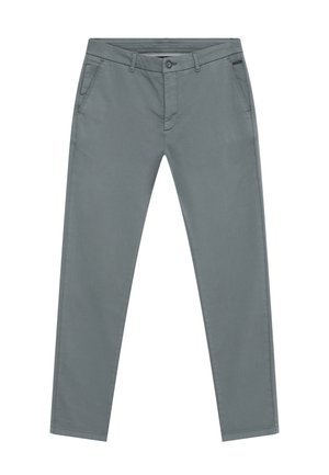 Gray, cotton blend pants with a classic fit. Features a zipper fly, button closure, front and back pockets, and minimalistic stitching.
