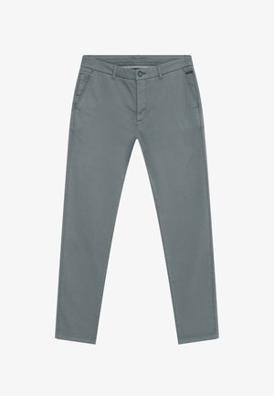 Gray, cotton blend pants with a classic fit. Features a zipper fly, button closure, front and back pockets, and minimalistic stitching.
