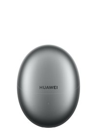 Silberner ovaler Bluetooth-Ohrhöreretui mit einer glatten metallischen Oberfläche und dem "HUAWEI"-Logo auf der Vorderseite. Verfügt über eine kleine LED-Anzeige.