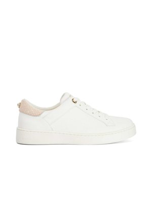 White low-top sneaker with light pink textured heel detail, white laces, and a flat rubber sole on a white background.