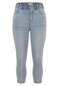 Pantalons capri en denim bleu clair avec une taille élastique, présentant une texture lisse et un dégradé subtil. Pas de matériel visible ni d'embellissements.