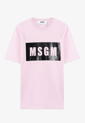 T-shirt en coton rose avec un col ras du cou, arborant un design rectangulaire noir contrasté avec "MSGM" en lettres blanches en gras.