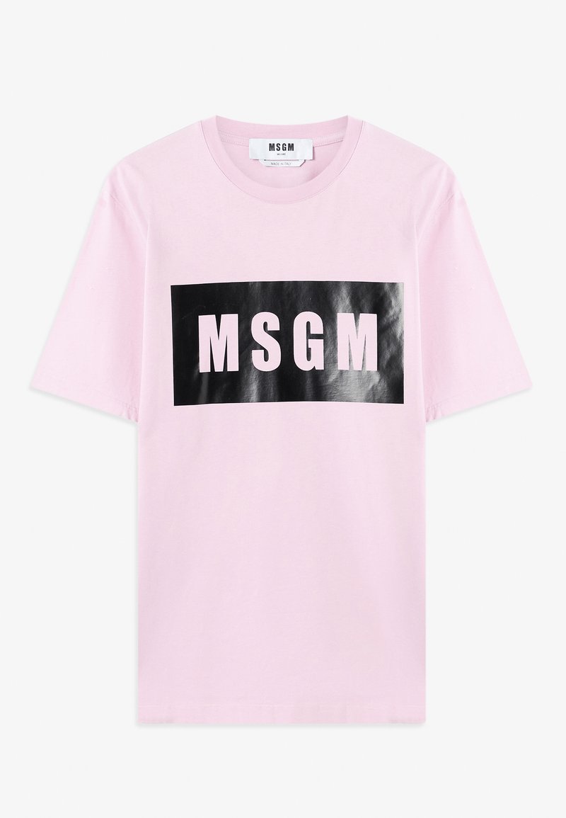 Pink cotton t-shirt with a crew neckline, featuring a contrasting black rectangular design with "MSGM" in bold white letters.