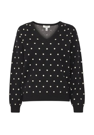 Schwarzer Pullover mit V-Ausschnitt, der cremefarbene Punkte aufweist. Das Material wirkt weich, mit langen Ärmeln und einer lockeren Passform.