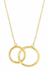 Gouden halsketting met een delicate ketting en twee in elkaar grijpende ronde ringen, gladde afwerking en gepolijste textuur.