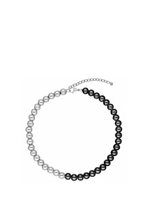 Beaded necklace with alternating silver and black round beads, featuring a silver chain clasp for adjustable length.
