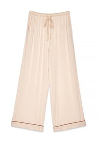 Gai bēšas platās bikses, izgatavotas no mīkstas auduma. Tām ir elastīga jostasvieta ar auklu un kontrastējoša brūna apdare ap kājām.