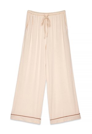Svetlo bež široke hlače iz mehkega materiala. Imajo elastiko v pasu s vrvico in kontrastno rjave obrobe na robovih.