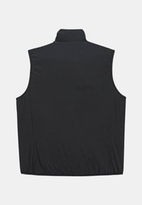 Gilet sans manches noir avec un col montant, fabriqué en matériau lisse et léger. Dispose d'une coupe régulière et d'un ourlet élastiqué pour plus de flexibilité.