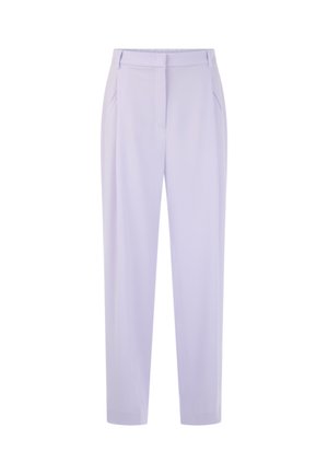Light purple tailored trousers with a high waist, belt loops, side pockets, and a front zip fly closure.