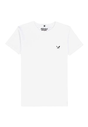 Balta medvilnė t-shirt marškiniai su trumpomis rankovėmis ir apvalia iškirpte. Ant kairiojo krūtinės yra mažas juodas kryžminis peilis.