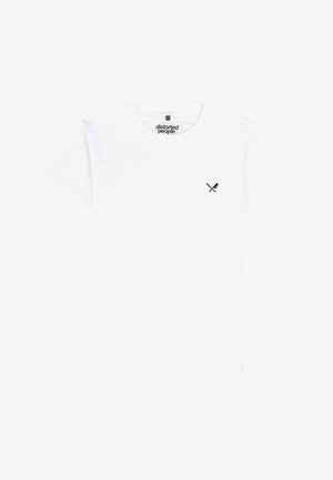 Balta medvilnė t-shirt marškiniai su trumpomis rankovėmis ir apvalia iškirpte. Ant kairiojo krūtinės yra mažas juodas kryžminis peilis.
