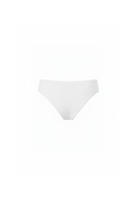 Witte bikini-slip gemaakt van gladde stof met een klassieke slipvorm. Heeft strakke lijnen zonder zichtbare patronen of versieringen.