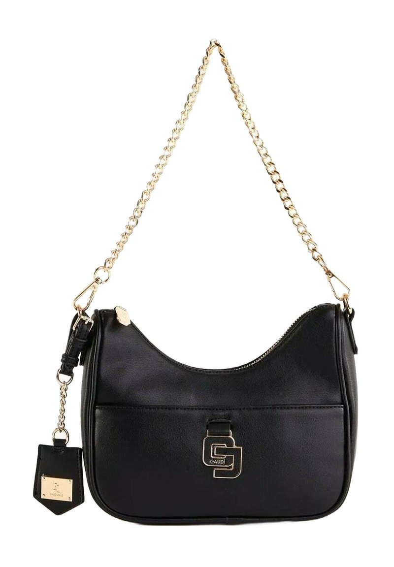 Borsa a spalla nera in pelle con tracolla a catena dorata, tasca frontale e emblema del logo Gaudí dorato.