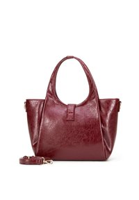 Bordeaux faux leren handtas met een gladde textuur, ronde handvatten, een veilige sluiting en een afneembare schouderriem.