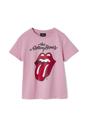 Light pink short-sleeve T-shirt with black "the Rolling Stones" text and large red tongue-and-lips logo centered on the front.