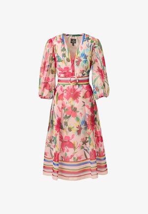 Floral midi dress with pink, red, and blue flowers, V-neck, puff sleeves, and a striped belt with a round buckle at the waist.