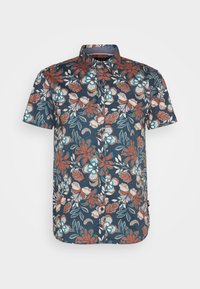 Chemise bleu marine à manches courtes avec boutons et motif floral dans des nuances d'orange, sarcelle, crème et vert.