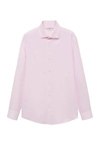 Lichtroze langemouwen shirt met een klassieke kraag en knopen aan de voorkant. Heeft witte knopen en een gladde, geweven textuur.