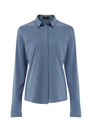 Button-up-Hemd aus hellblauem Stoff, mit langen Ärmeln, Kragen und sechs Knöpfen auf der Vorderseite. Glatte Textur, keine Muster, klassisches Design.