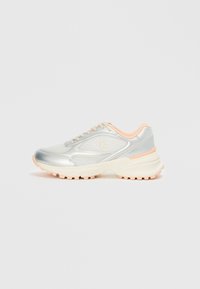 Silver mesh and synthetic sneakers with light pink accents, chunky white sole, and visible tread pattern on the outsole.