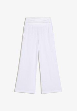Hvide bukser med vide ben, høj elastisk linning, afslappet pasform og glat stof.