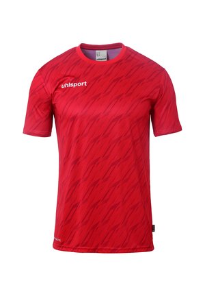 Rød atletisk t-shirt med rund hals, korte ærmer og et tekstureret mønster af diagonale linjer. Lavet af letvægts, åndbart materiale.