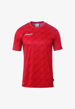 Maglietta sportiva rossa con colletto rotondo, maniche corte e un motivo testurizzato di linee diagonali. Realizzata in materiale leggero e traspirante.